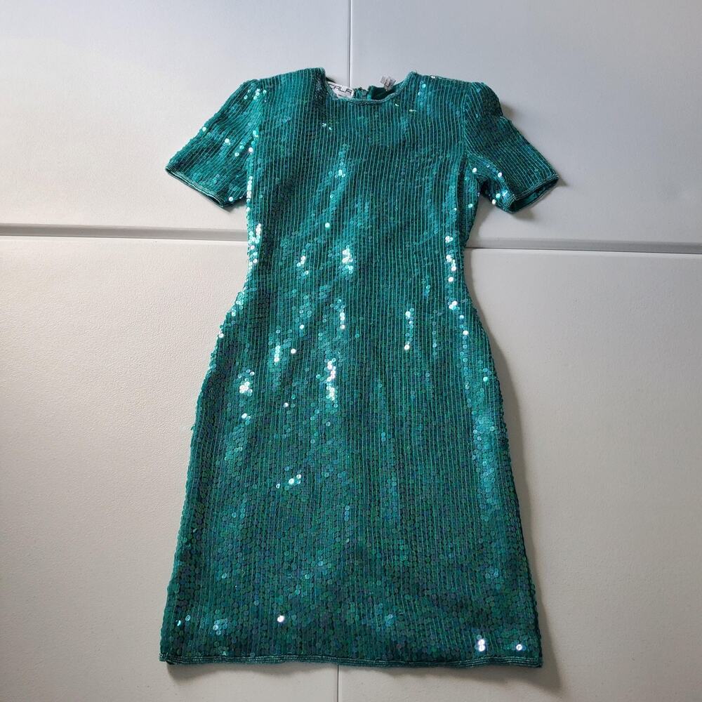 90s Scala Dress Womens Small Sequin Silk Sheath Cocktail Party Short Sleeve